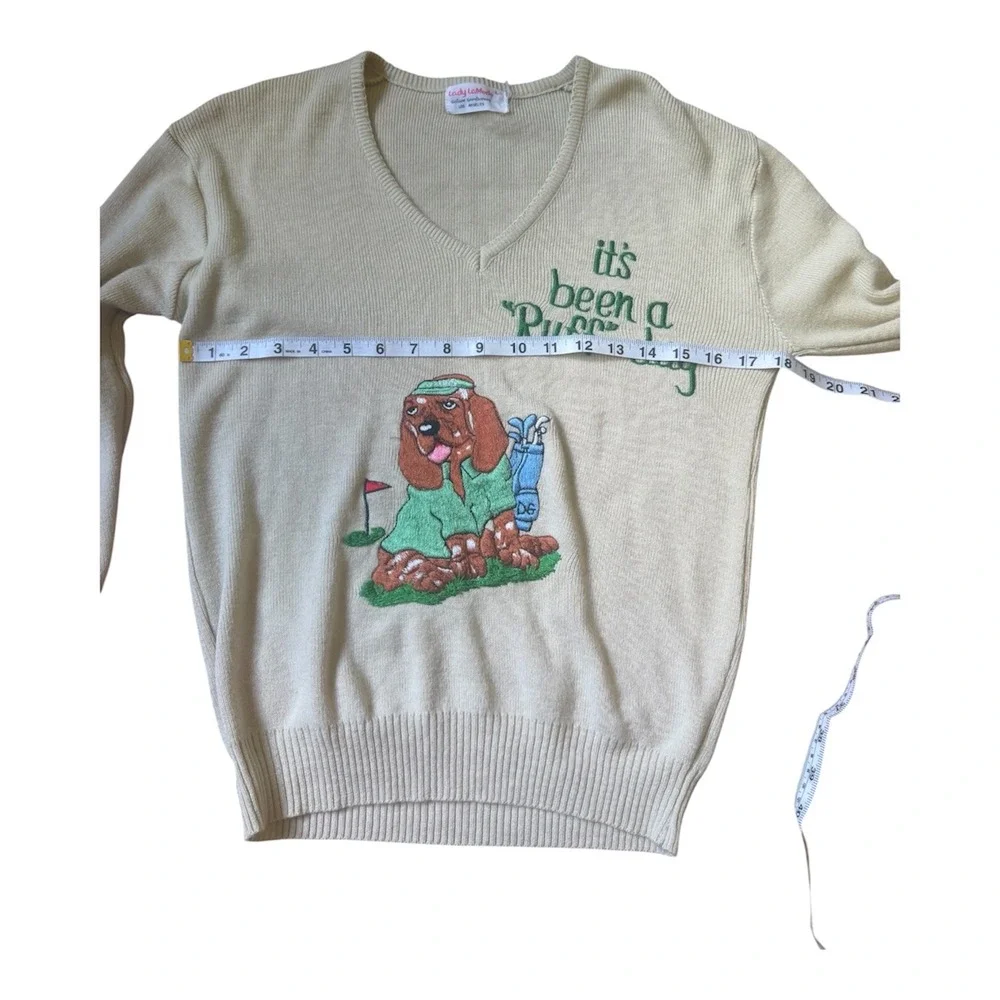 Vintage Lady LaMode Tan Golf Dog V-Neck Sweater Its Been A Ruff Day Large